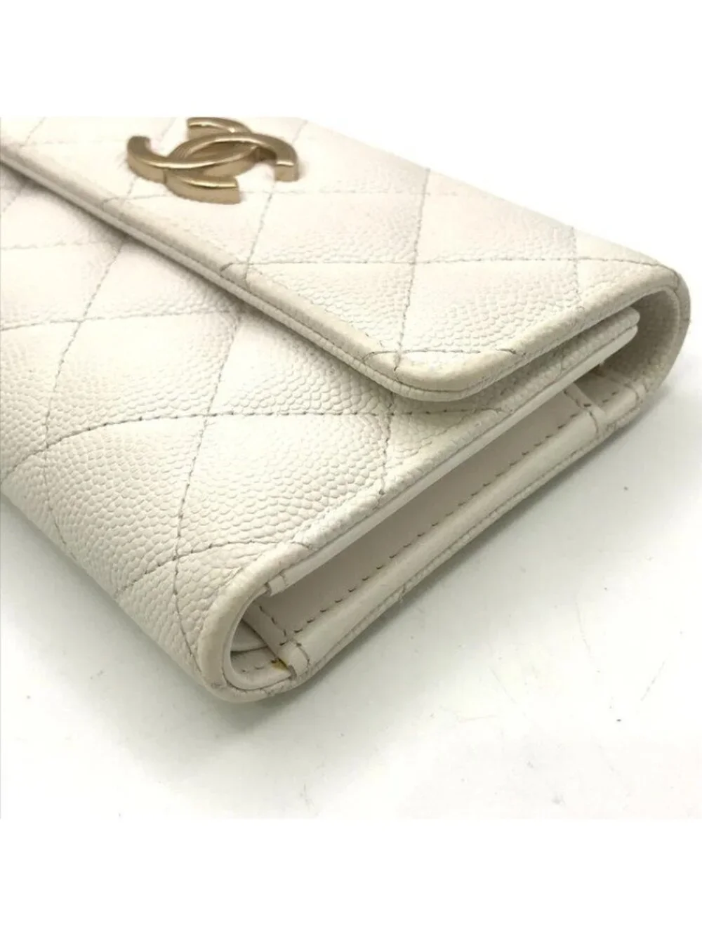Chanel CC Logo Quilted Caviar Leather Trifold Wallet White Random